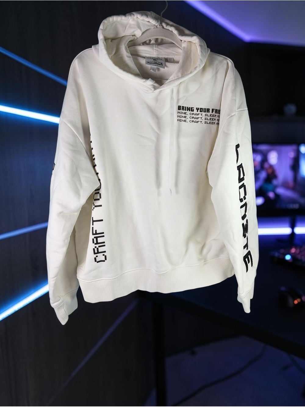 Lacoste LIVE x Minecraft Men's White Graphic Print Loose Fit Terry Hoodie Sz XL
